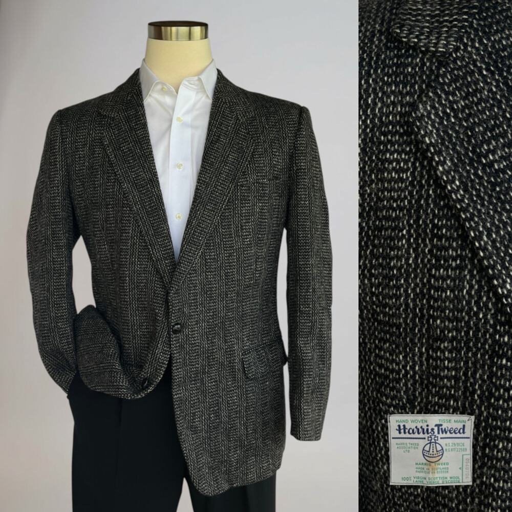 Vintage Harris Tweed 44-46R Scottish Wool Black Ivory Shank Buttons Note